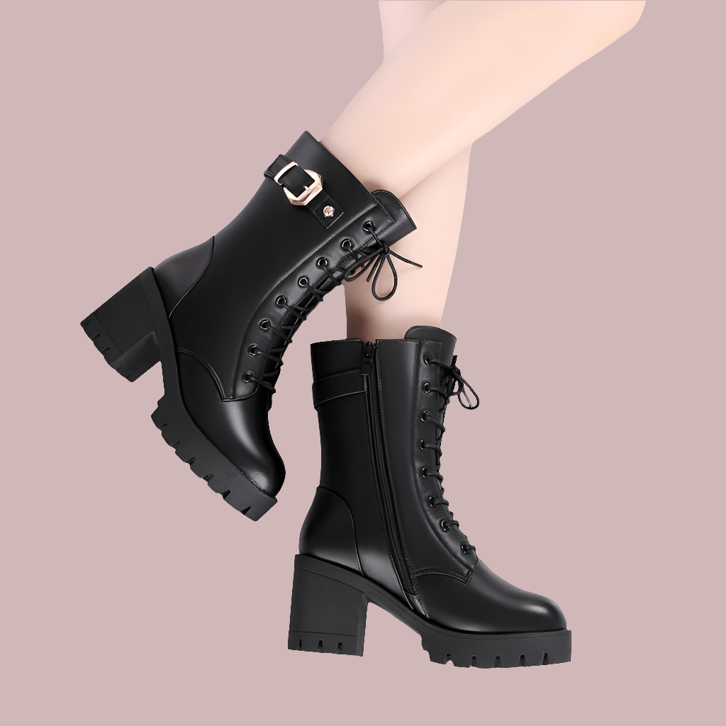 Women's mid-tube Martin boots with thick high heels, plus velvet lining for spring, autumn, and winter – POWQUE Urban Style.