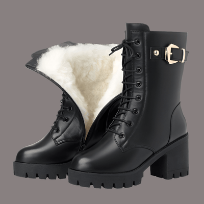 Women's mid-tube Martin boots with thick high heels, plus velvet lining for spring, autumn, and winter – POWQUE Urban Style.