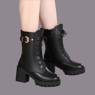 Women's mid-tube Martin boots with thick high heels, plus velvet lining for spring, autumn, and winter – POWQUE Urban Style.