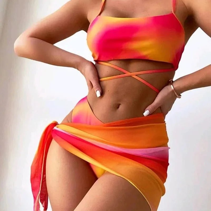 Chic Tie - Dye Bikini & Mesh Skirt Set - POWQUE URBAN STYLE