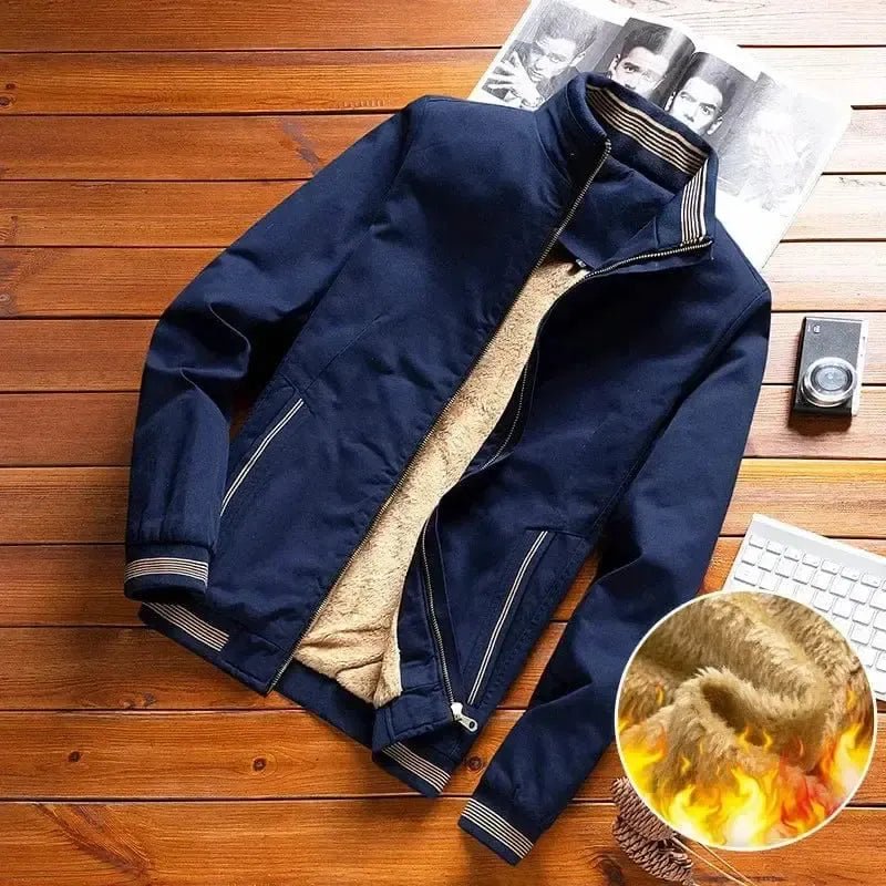 POWQUE URBAN STYLE men's slim fit fleece jacket in navy blue with soft inner lining and zippered pockets
