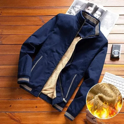 POWQUE URBAN STYLE men's slim fit fleece jacket in navy blue with soft inner lining and zippered pockets
