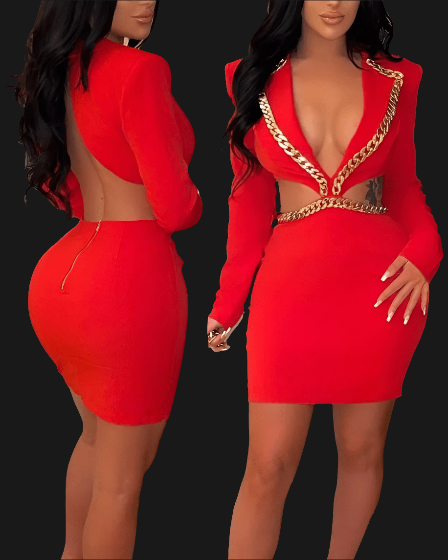Elegant summer party dress for women with backless design, long sleeves, V-neck, hollow chain detail – POWQUE Urban Style.