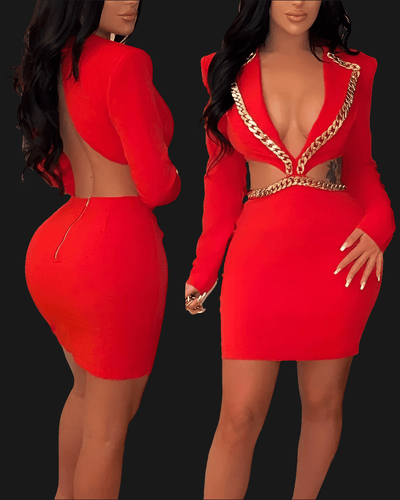 Elegant summer party dress for women with backless design, long sleeves, V-neck, hollow chain detail – POWQUE Urban Style.