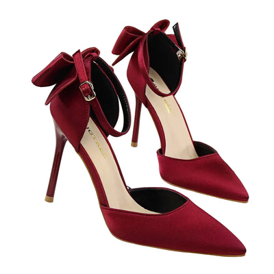 Elegant Silk Stiletto Heels with Bow Detail - POWQUE URBAN STYLE