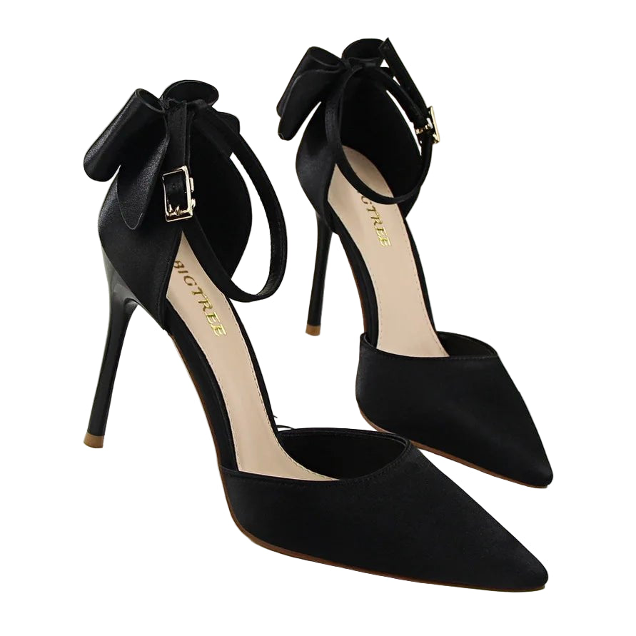 Elegant Silk Stiletto Heels with Bow Detail - POWQUE URBAN STYLE