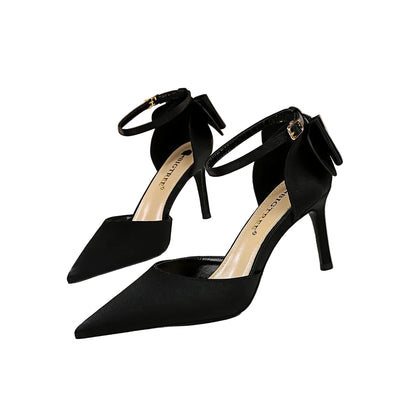 Elegant Silk Stiletto Heels with Bow Detail - POWQUE URBAN STYLE