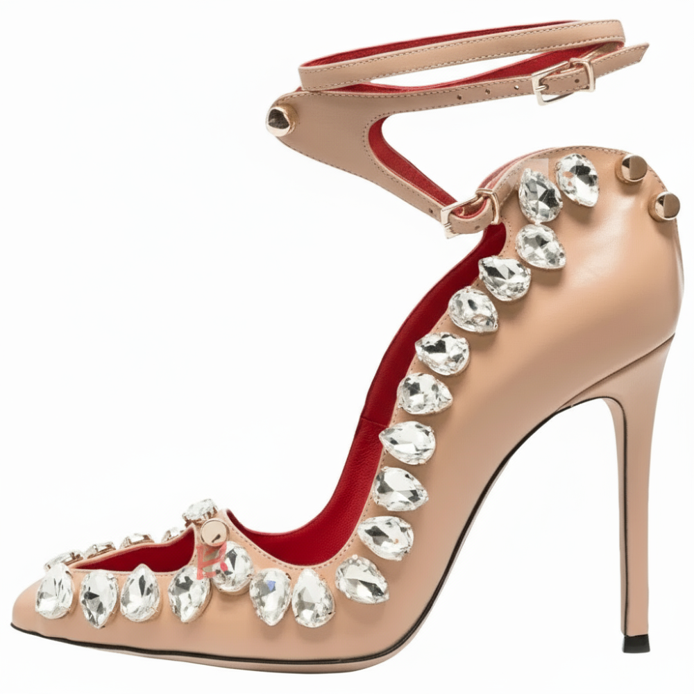 Gems Trim Metal Nail Heels Sandals Women Cross Strap Pointy High Heels Bling Party Shoes Luxury Stiletto Heels Large Size Shoes - POWQUE URBAN STYLE