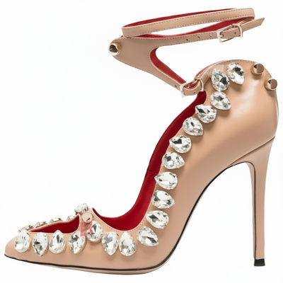 Gems Trim Metal Nail Heels Sandals Women Cross Strap Pointy High Heels Bling Party Shoes Luxury Stiletto Heels Large Size Shoes - POWQUE URBAN STYLE