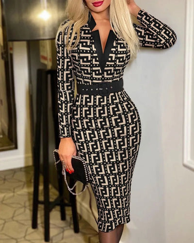 Geo Print Midi Dress with Stylish Slit - POWQUE URBAN STYLE