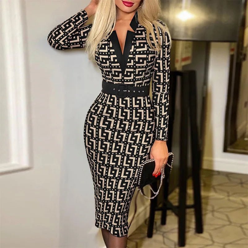 Geo Print Midi Dress with Stylish Slit - POWQUE URBAN STYLE