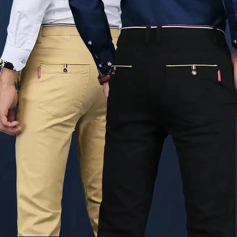 POWQUE URBAN STYLE Korean style slim fit pants men in beige and black with back pockets detail