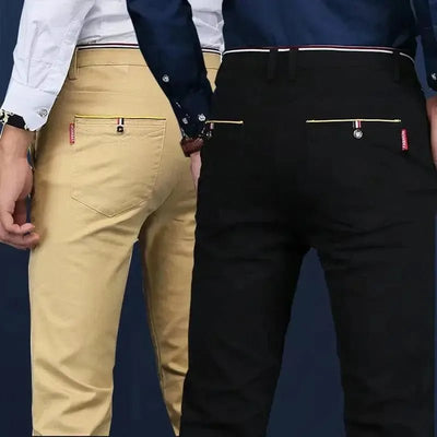 POWQUE URBAN STYLE Korean style slim fit pants men in beige and black with back pockets detail
