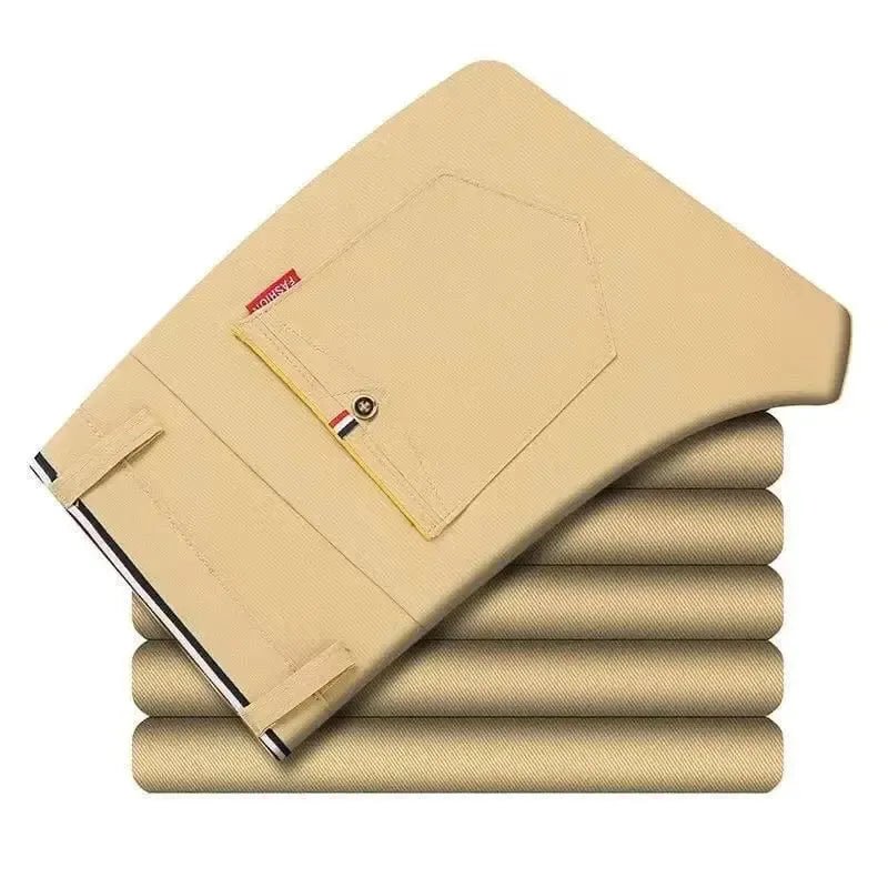 Beige Korean style slim fit pants men by POWQUE URBAN STYLE folded neatly showing back pocket detail