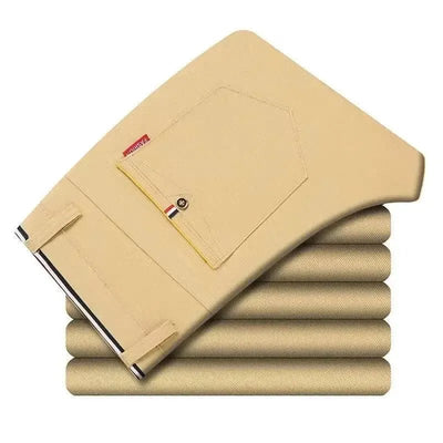 Beige Korean style slim fit pants men by POWQUE URBAN STYLE folded neatly showing back pocket detail