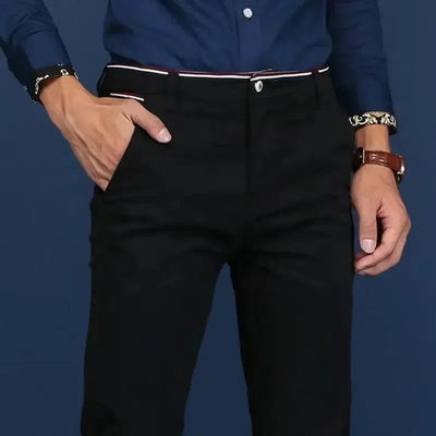 POWQUE URBAN STYLE Korean style slim fit pants men in black with white and red waistband