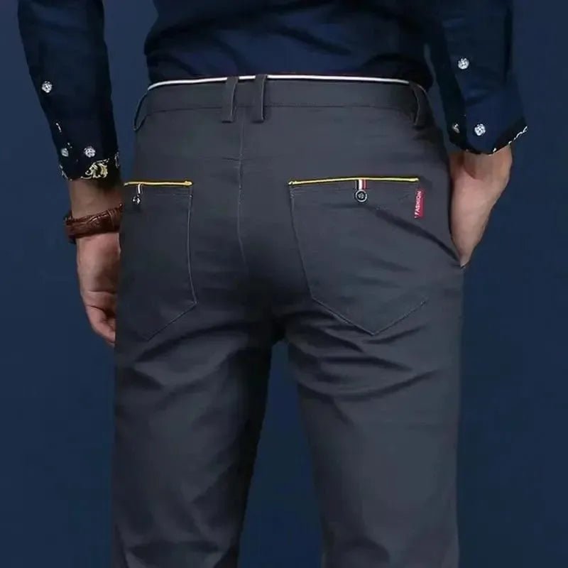 POWQUE URBAN STYLE Korean style slim fit pants men in dark gray with back pocket details