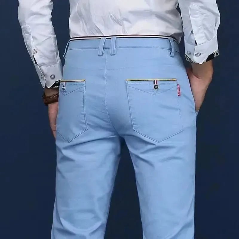 POWQUE URBAN STYLE light blue Korean style slim fit pants men with back pockets and stylish belt loops