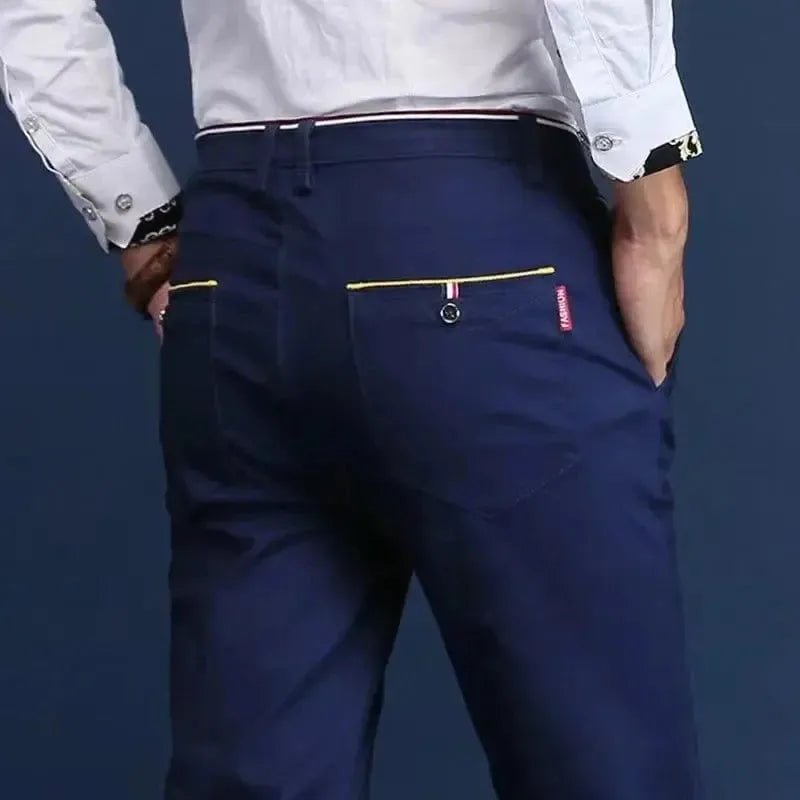 POWQUE URBAN STYLE Korean style slim fit pants men in navy blue with back button pockets