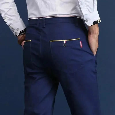 POWQUE URBAN STYLE Korean style slim fit pants men in navy blue with back button pockets