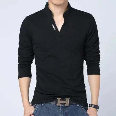 POWQUE URBAN STYLE 2025 men's v neck polo shirt in black with long sleeves and casual fit