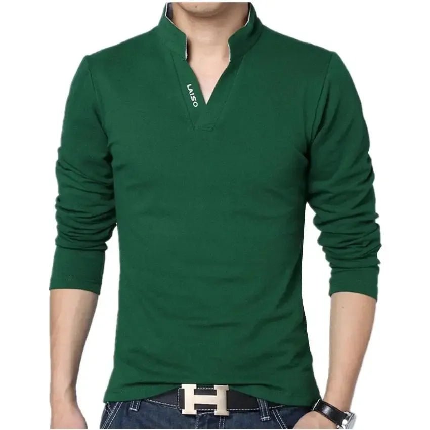POWQUE URBAN STYLE 2025 men's v neck polo shirt in green with long sleeves and slim fit design