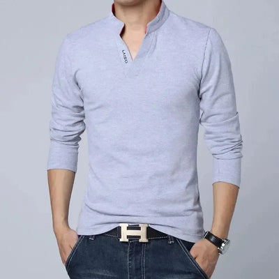 POWQUE URBAN STYLE 2025 men's v neck polo shirt in light gray with long sleeves and casual fit