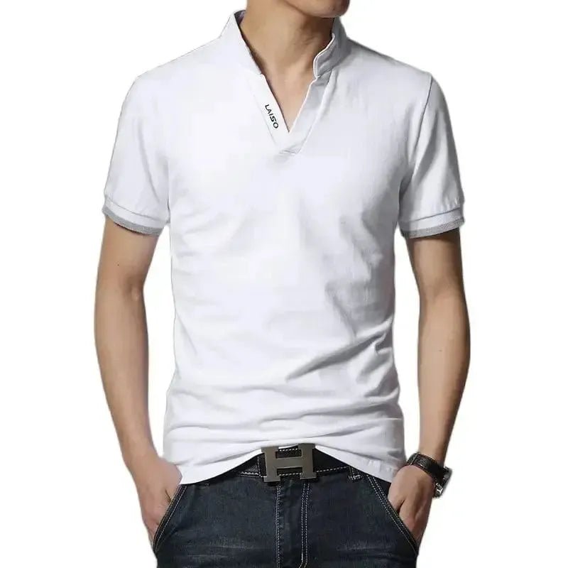 POWQUE URBAN STYLE 2025 men's v neck polo shirt in white with short sleeves and casual fit