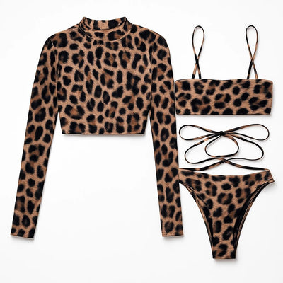 Leopard Print Bikini Set with Coverup - POWQUE URBAN STYLE