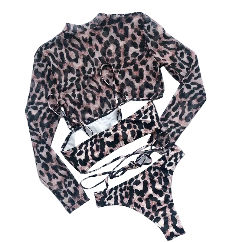 Leopard Print Bikini Set with Coverup - POWQUE URBAN STYLE