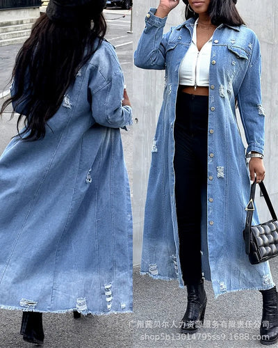Longline Denim Coat with Ripped Hem for Women - POWQUE URBAN STYLE