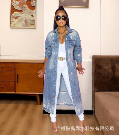 Longline Denim Coat with Ripped Hem for Women - POWQUE URBAN STYLE
