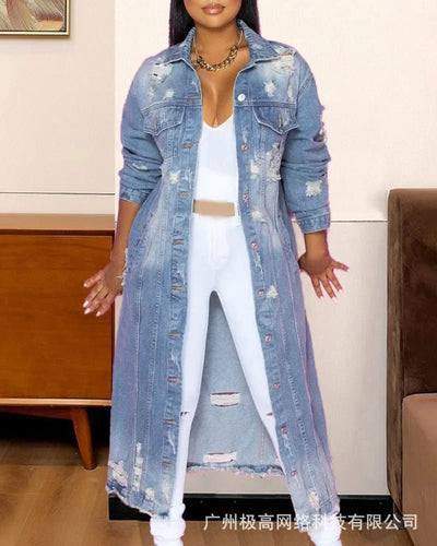 Longline Denim Coat with Ripped Hem for Women - POWQUE URBAN STYLE