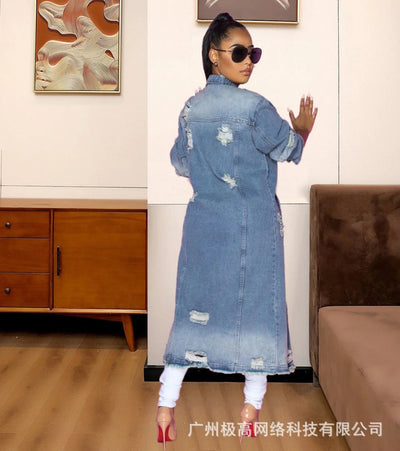 Longline Denim Coat with Ripped Hem for Women - POWQUE URBAN STYLE