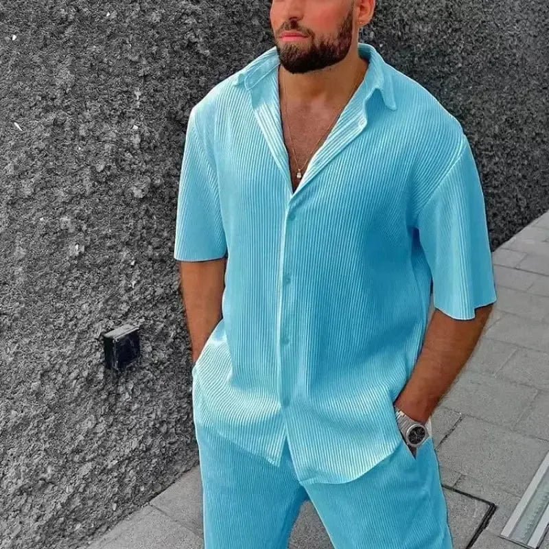 POWQUE URBAN STYLE men's casual beach outfit set with light blue short sleeve shirt and matching pants