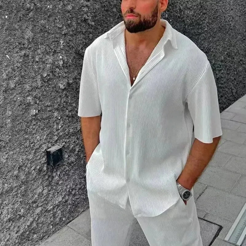 POWQUE URBAN STYLE men's casual beach outfit set white short sleeve shirt and pants