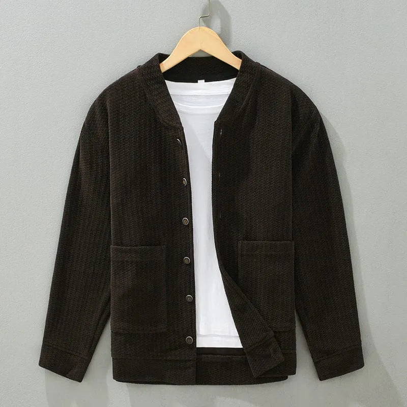 POWQUE URBAN STYLE men's casual knitted cardigan in dark brown with front buttons and two pockets