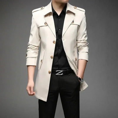 POWQUE URBAN STYLE men's long trench coat in beige with button details and epaulets