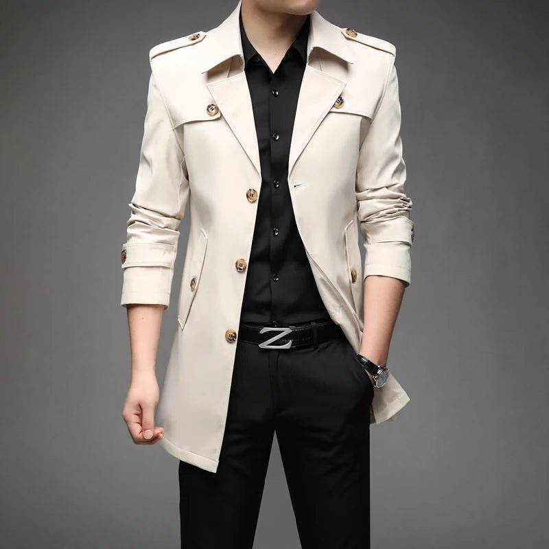 POWQUE URBAN STYLE men's long trench coat in beige with button details and lapel collar