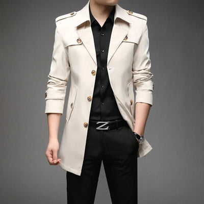 POWQUE URBAN STYLE men's long trench coat in beige with button details and lapel collar