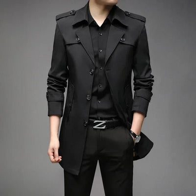 POWQUE URBAN STYLE men's long trench coat in black with button closure and fitted design