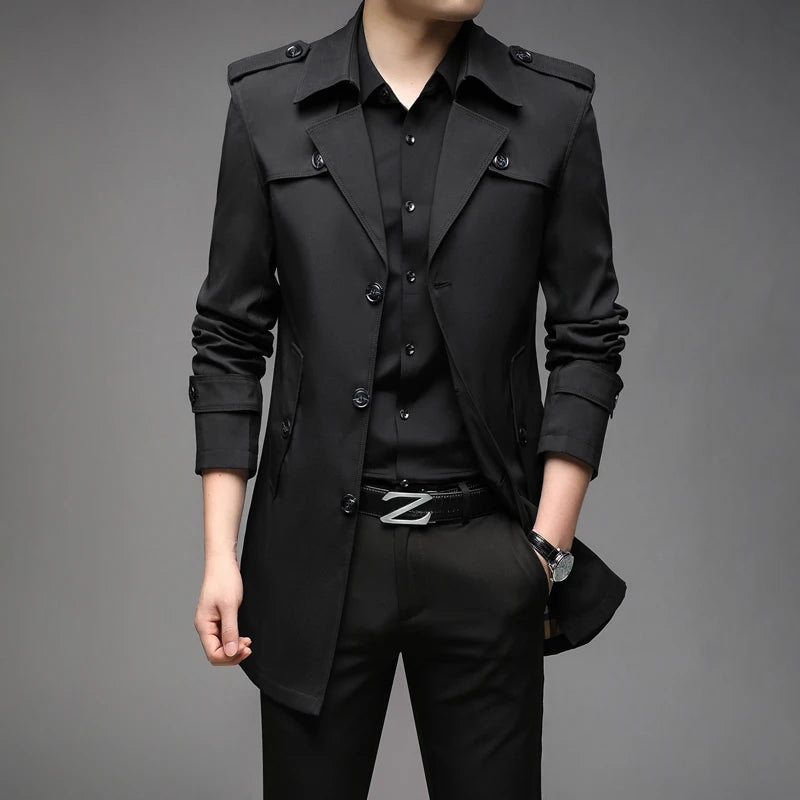 POWQUE URBAN STYLE black men's long trench coat with button details and tailored fit