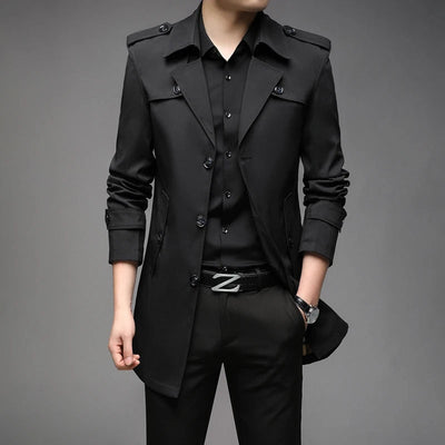 POWQUE URBAN STYLE black men's long trench coat with button details and tailored fit