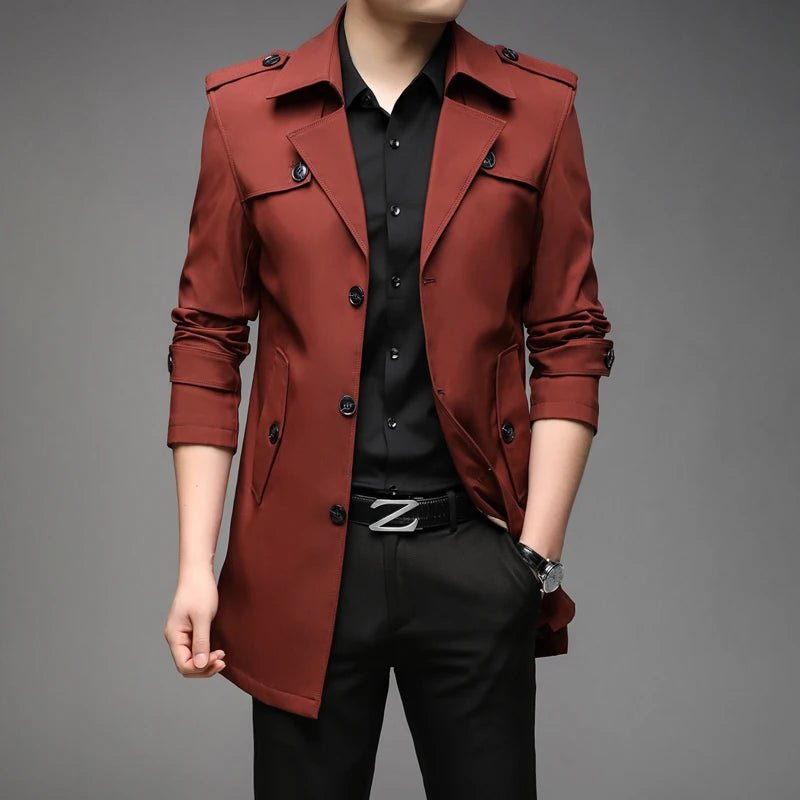 POWQUE URBAN STYLE men's long trench coat in rust with black buttons and epaulets