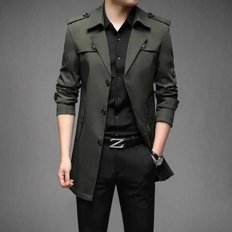 POWQUE URBAN STYLE men's long trench coat in olive green with button closures and epaulets