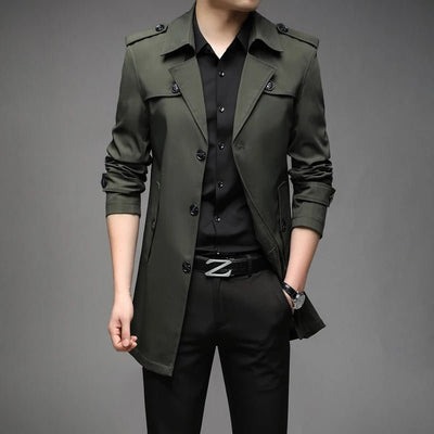 POWQUE URBAN STYLE men's long trench coat in olive green with button closures and epaulets