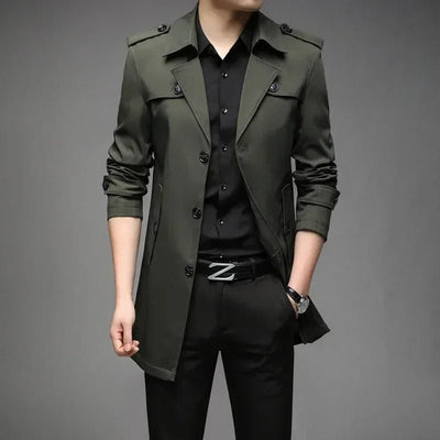 POWQUE URBAN STYLE men's long trench coat in dark olive with buttoned epaulets and tailored fit