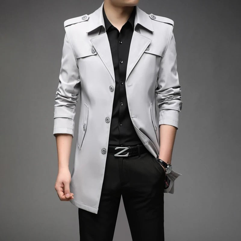 POWQUE URBAN STYLE men's long trench coat in light gray with button closure and stylish design