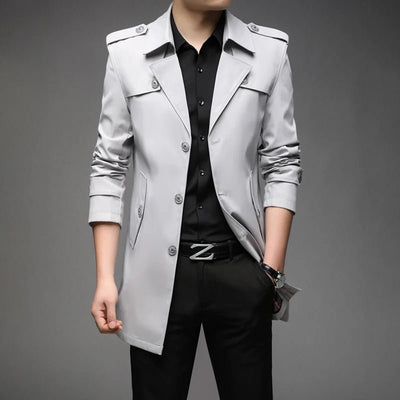 POWQUE URBAN STYLE men's long trench coat in light gray with button closure and stylish design
