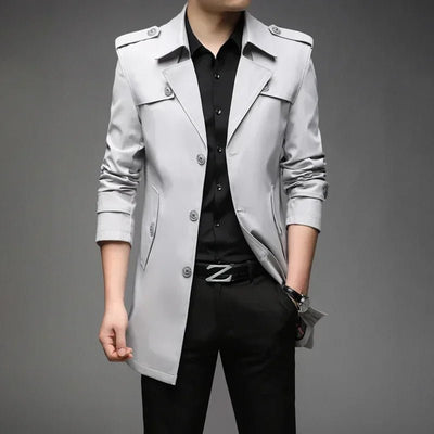 POWQUE URBAN STYLE men's long trench coat in light gray with button closure and epaulettes